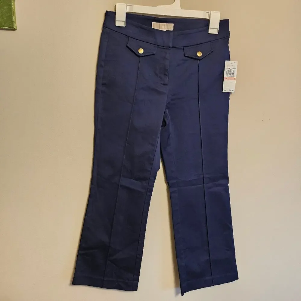 Michael Kors Navy Blue Gold Button Cropped Career Pants Size 2 NWT